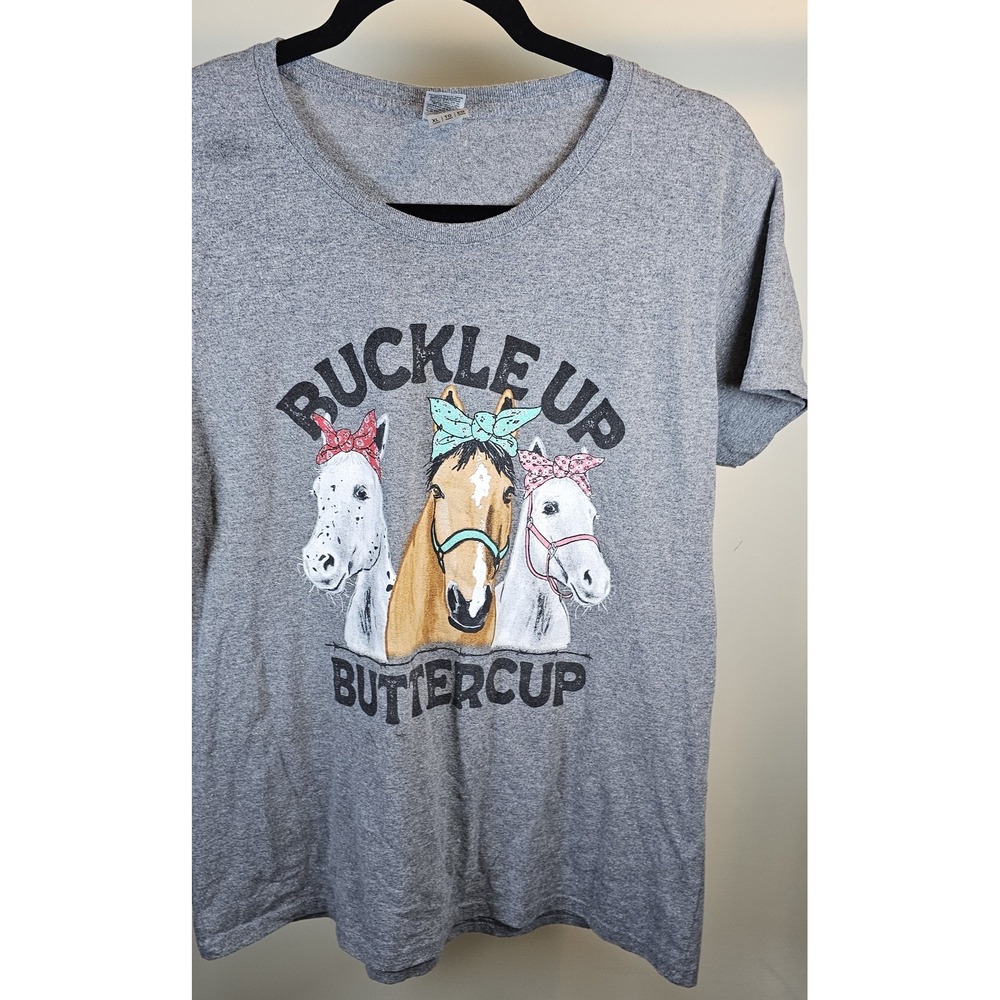 Gildan Heavy Cotton Gray *Buckle Up Buttercup* Horses T-Shirt Womans Size XLarge - Picture 2 of 6